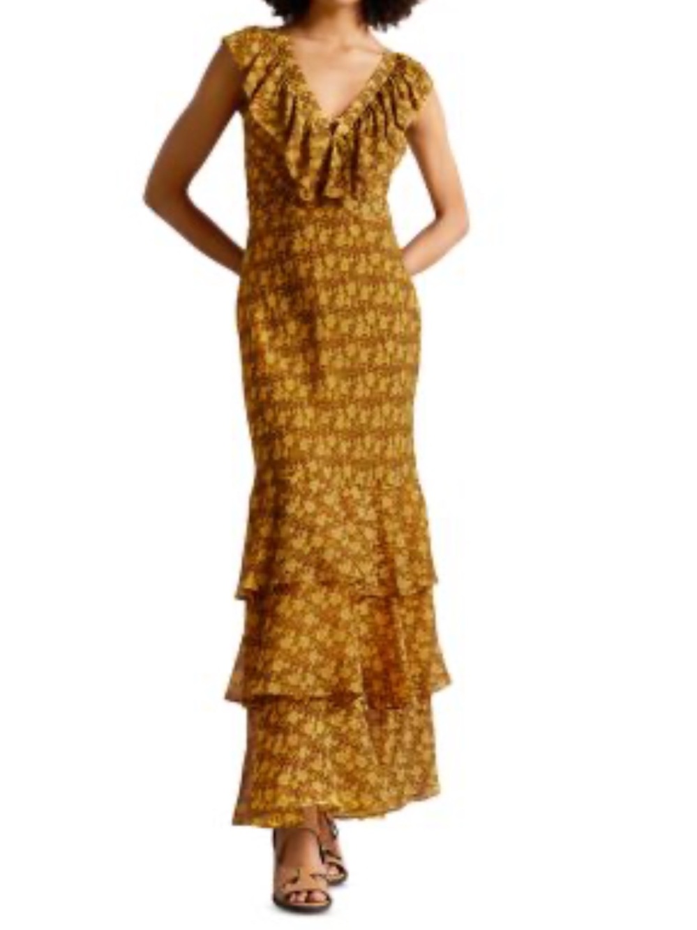 Ted Baker Yellow Floral Ruffle Halter Maxi Dress Size 2 Wedding Guest Formal